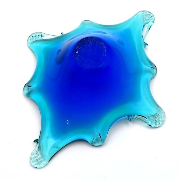 Hand Blown Murano Style Art Glass Trinket Dish Crystal Clear Blue Abstract Italy - Picture 8 of 10